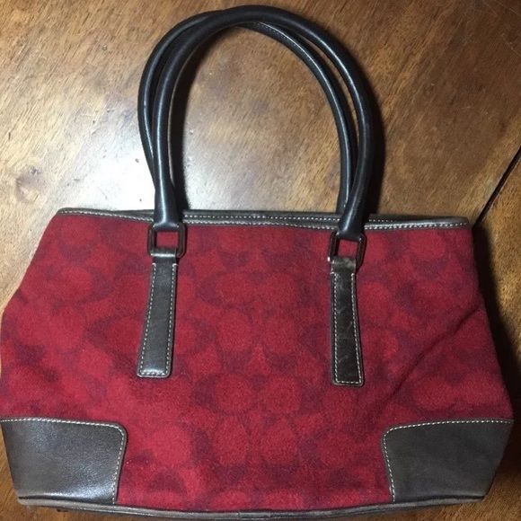 Rare Coach red wool w/ brown leather trim purse - Picture 8 of 8